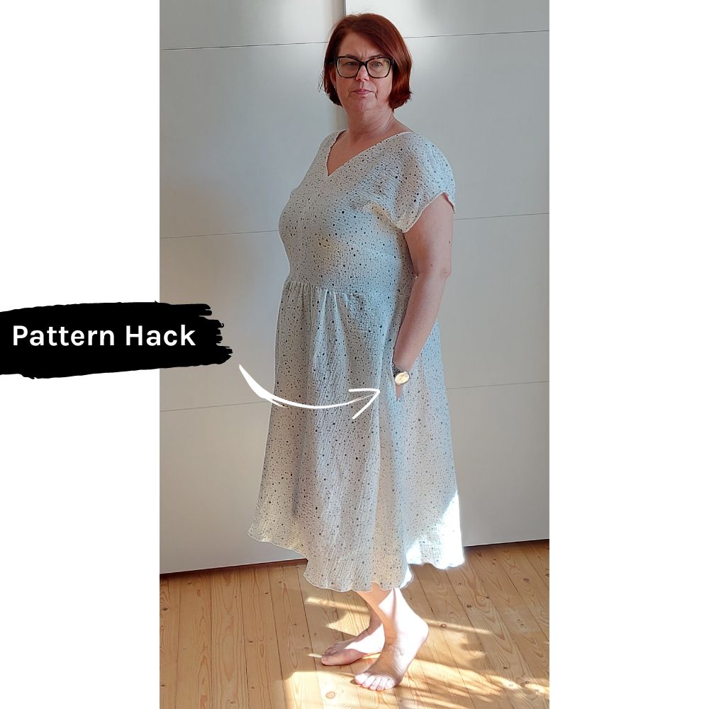 Nahttaschen hinzugefügt und Kleid verlängert