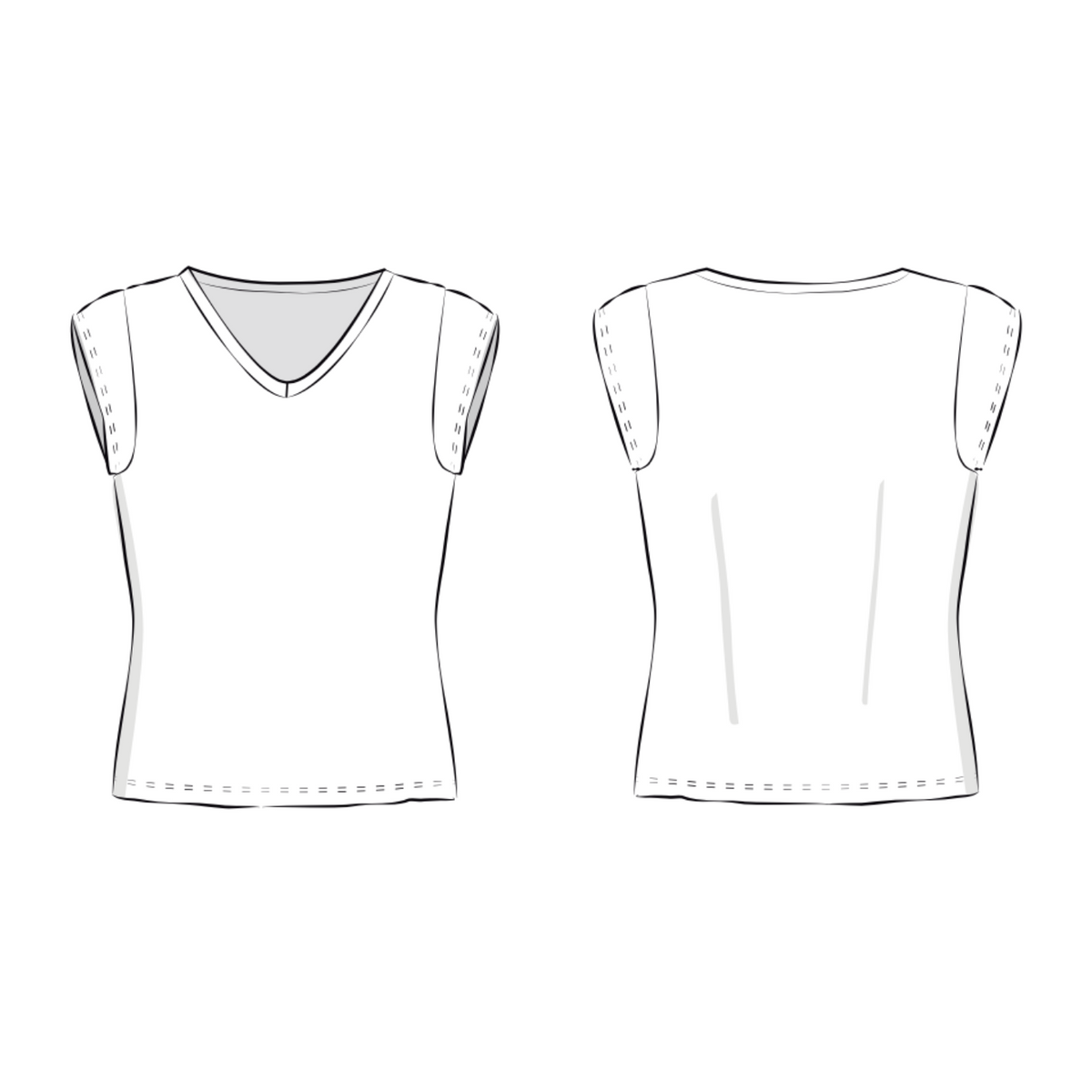 Schnittmuster Shirt/Schlauchkleid Amy: T-Shirt Variante mit ganz kurzen Ärmeln und V-Ausschnitt, hoher Rücken-Ausschnitt
