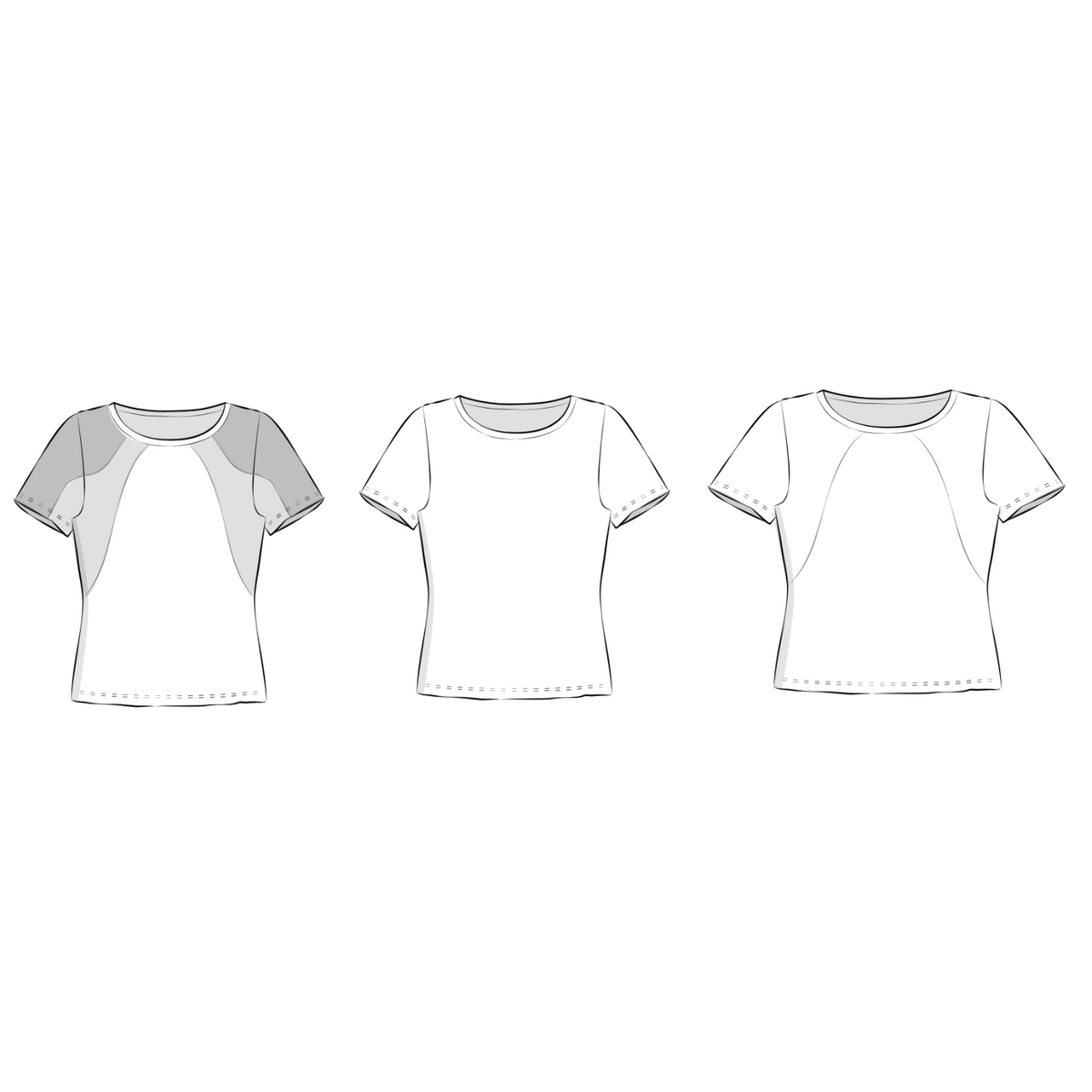 Schnittmuster Shirt/Schlauchkleid Amy: T-Shirt Varianten mit einer Teilungsnaht, mit zwei Teilungsnähten und ohne Teilungsnähten