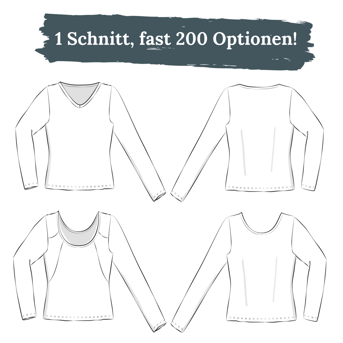 Schnittmuster Shirt/Schlauchkleid Amy: Longsleeve Varianten mit verschiedenen Ausschnitten